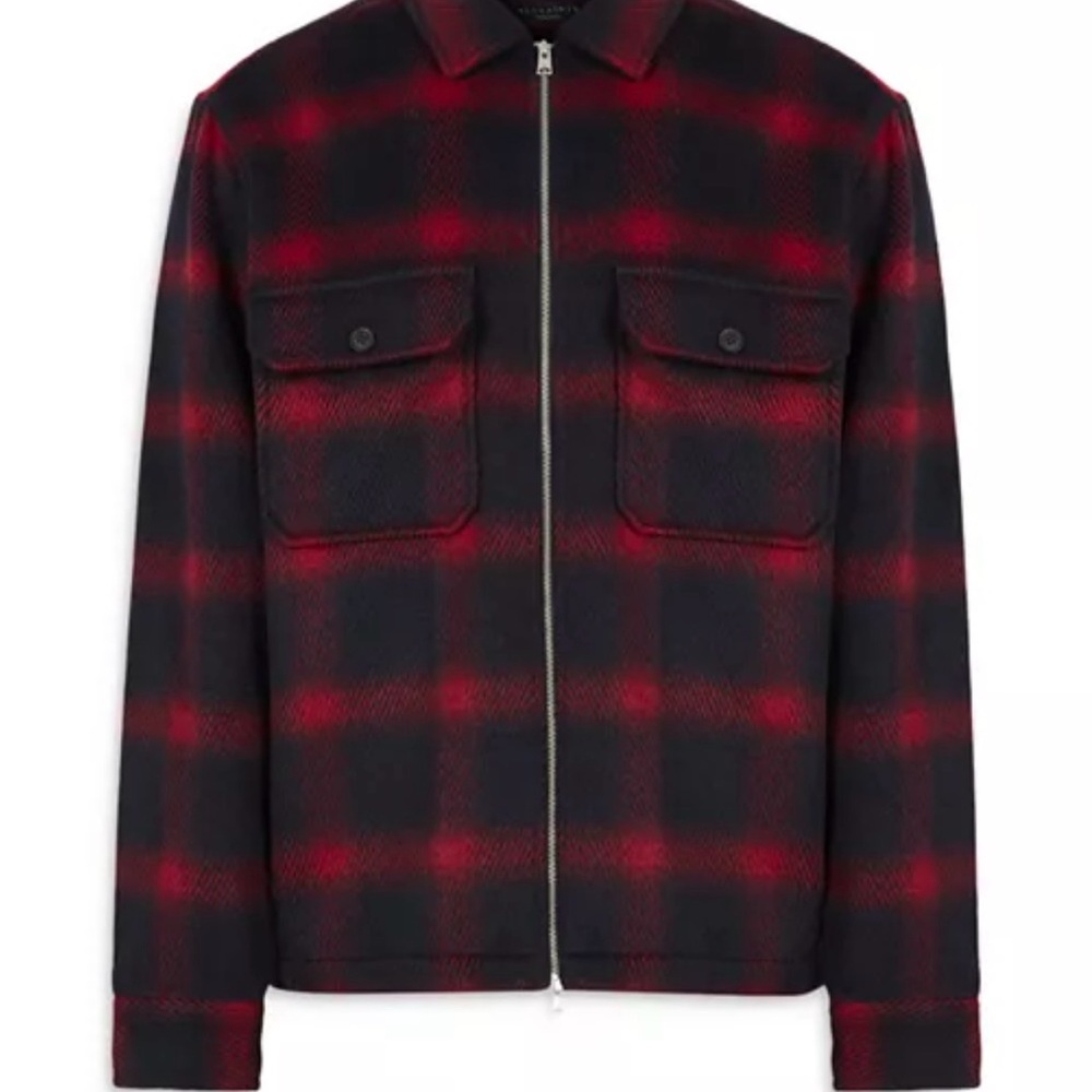 AllSaints Red and Black Plaid Zip Jacket